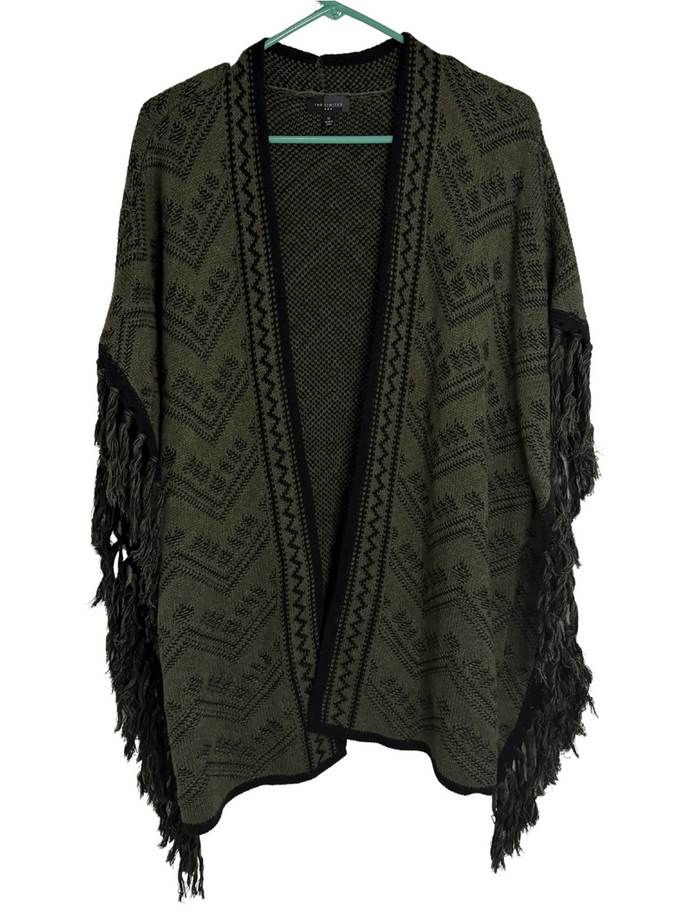 The Limited Green and Black Fringe Open Front Knit Shawl Cardigan Size Medium